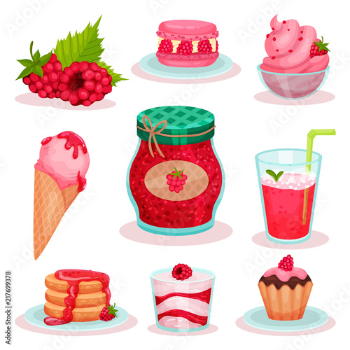 Flat vector set of raspberry food and drink. Ice-cream, jar of jam, fresh cocktail and tasty desserts. Elements for menu or recipe book