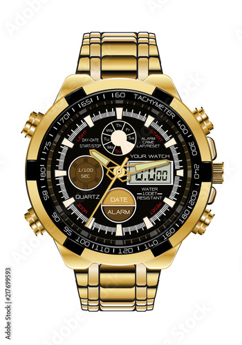 Realistic watch chronograph gold black face on white background luxury vector illustration.