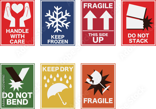 取り扱い注意のステッカー。梱包用シールのイラスト。