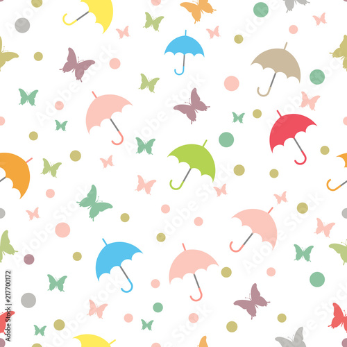 Seamless pattern of umbrellas and butterflies. Vector Image