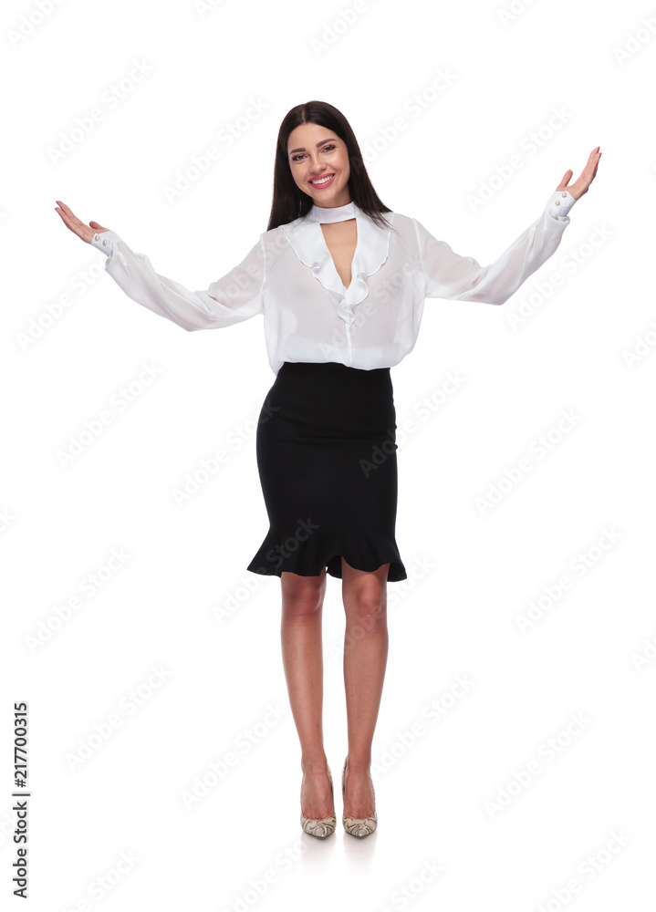 happy businesswoman makes an inviting gesture