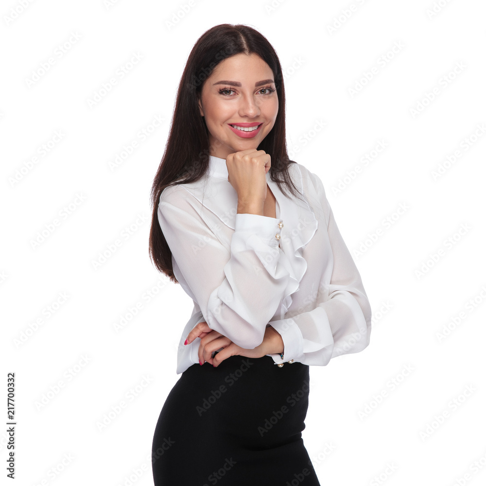 portrait of pensive businesswoman in black skirt smiling portrait of pensive businesswoman in black skirt smiling