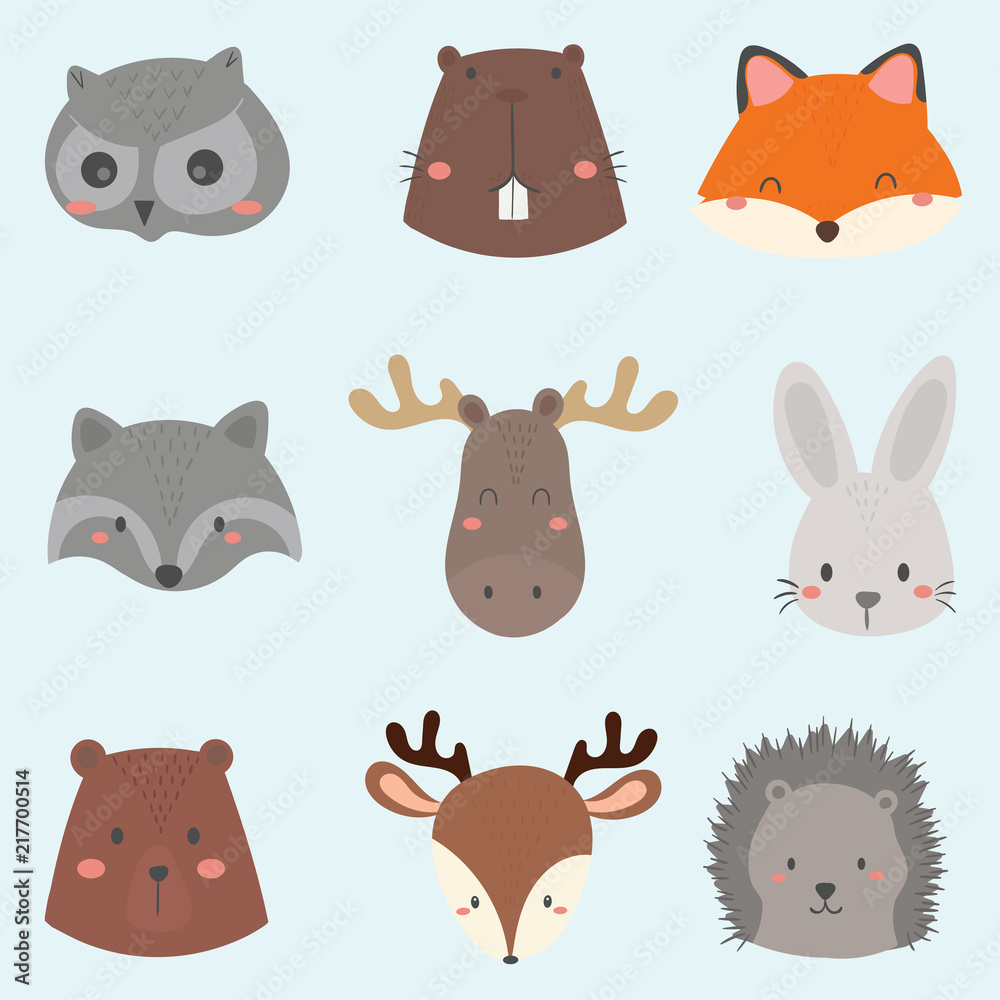 set of cute woodland animals face. Stock Vector | Adobe Stock