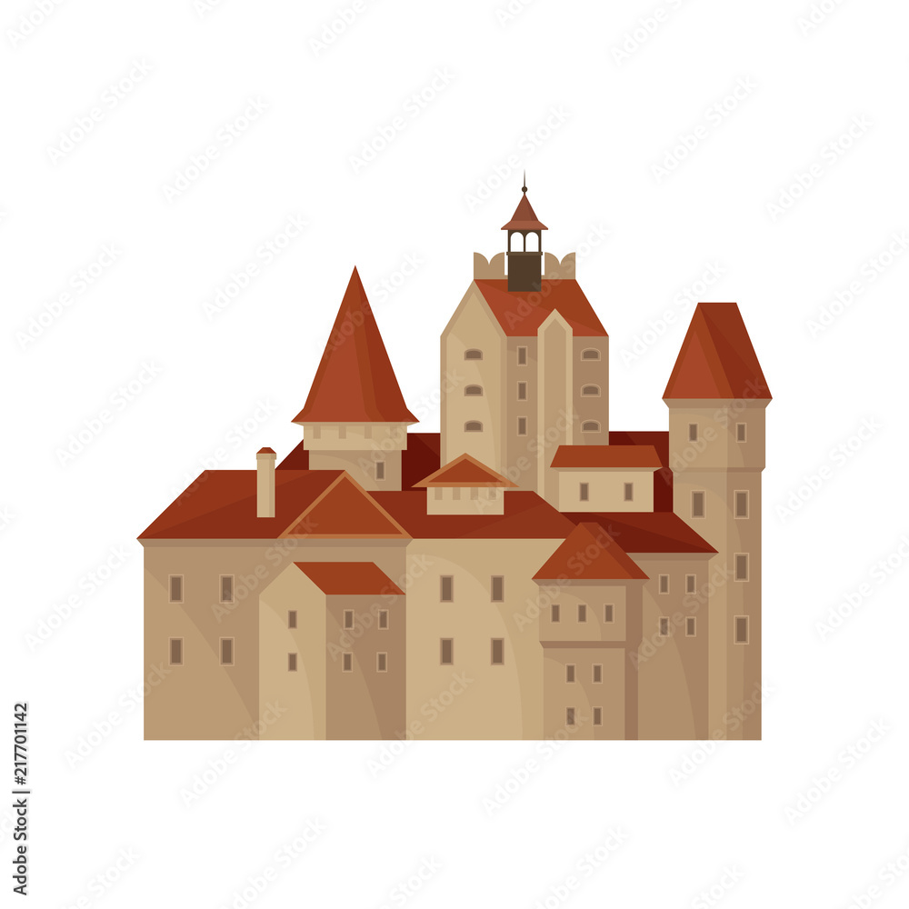 Transylvania s Bran castle or residence of Count Dracula. Famous landmark in Romania. Historic building. Old architecture. Flat vector icon