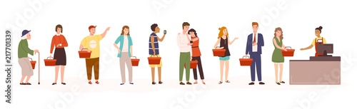 Angry men and women standing in line or queue to cashier in retail store or supermarket. People waiting in grocery shop isolated on white background. Colored vector illustration in flat cartoon style.