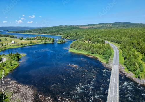 Aerial view over Swedish mountain river