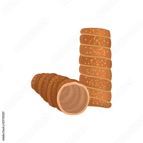 Traditional Romanian spit cakes kurtoskalacs. Food and culinary theme. Flat vector element for promo poster or flyer