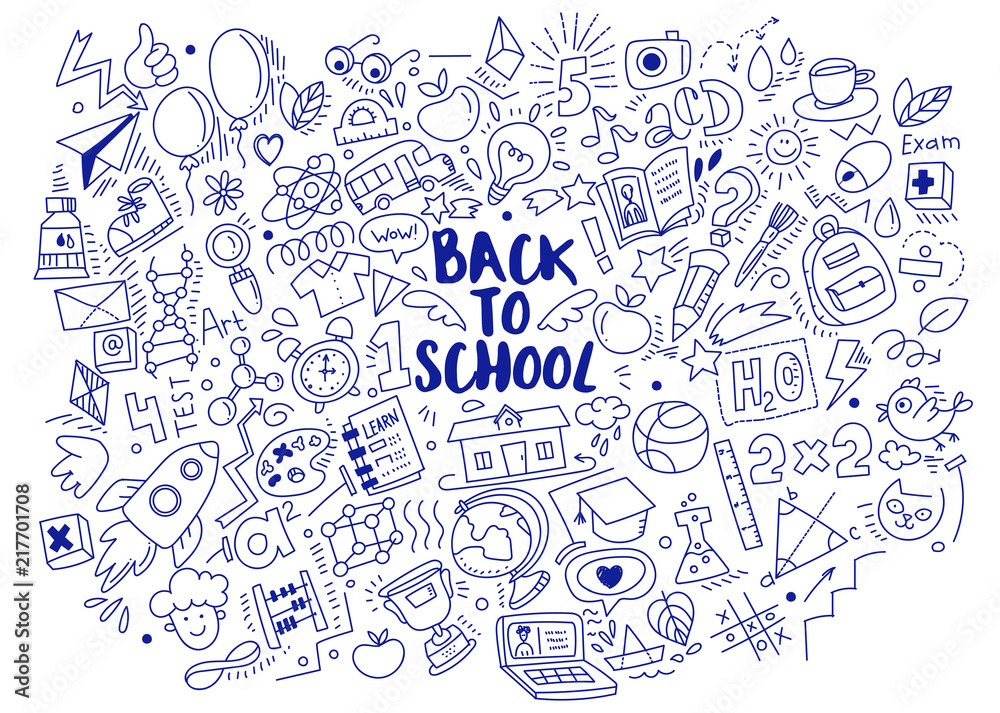 Blue Pen ink drawn back to school doodles isolated on white background. Vector linear illustration. For banners, posters, flyers. A lot of education icons, study symbols