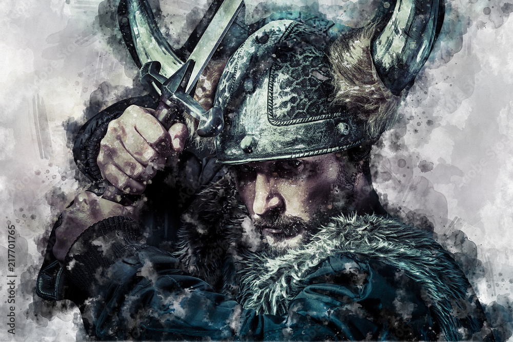 Εκτύπωση καμβά Viking warrior watercolor, male dressed in Barbarian style with sword, bearded