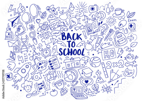 Blue Pen ink drawn back to school doodles isolated on white background. Vector linear illustration. For banners, posters, flyers. A lot of education icons, study symbols