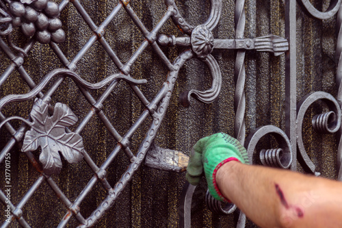 A man paints a gate with forged elements. On his hand is a green glove, near the elbow of a graze. The hand is located on the right of the frame.