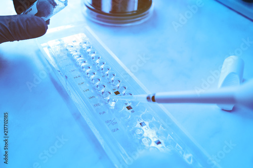 scientist or laboratory assistant with a pipette or dispenser in the hands of a bacteriological laboratory of a bacteriological laboratory photo