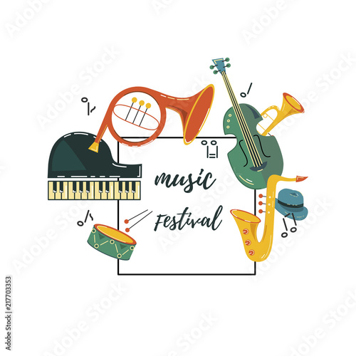 Template for music festival, jazz party, invitation, greeting card, concert poster. Vector illustration with saxophone, piano, violin, french horn, drum. Flat style.