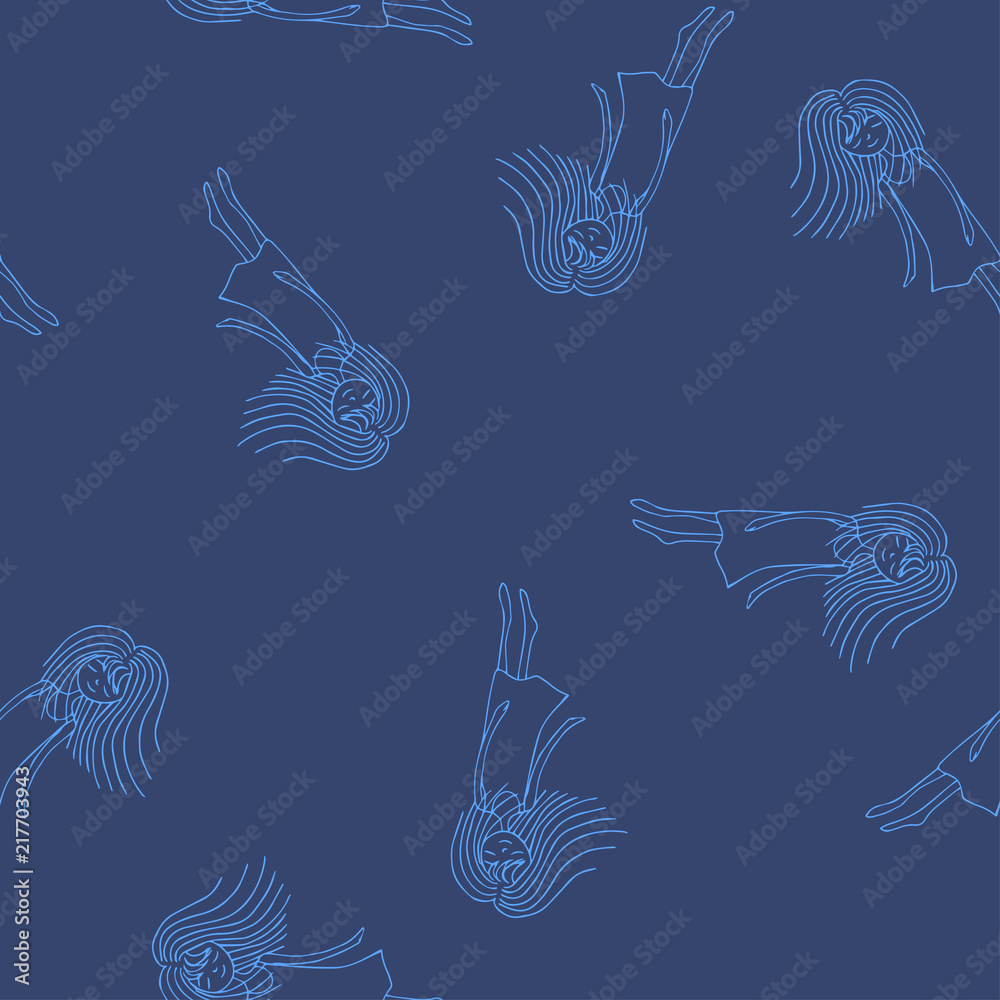 Naklejka Sketch ghost soul path flying blue girls on dark blue background. Seamless vector pattern for craft, textile, fabric, wrapping