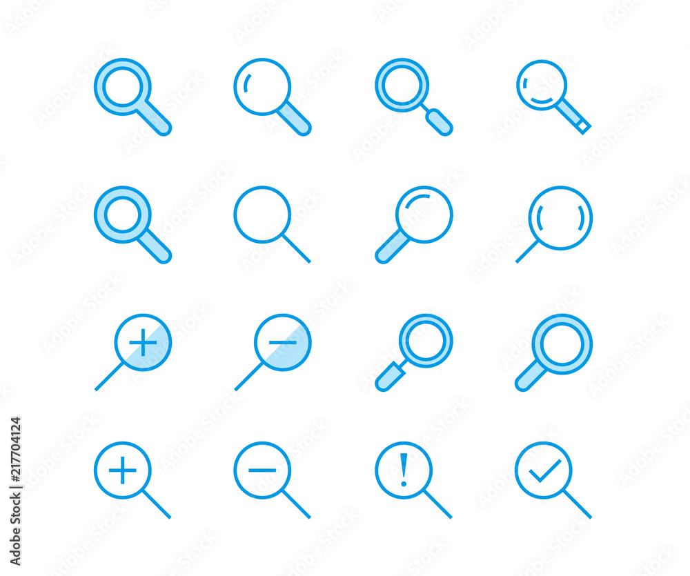 Magnifying glass flat line vector icons. Search, zoom in and out icon. Thin signs for user interface. Magnifying glass flat line vector icons. Search, zoom in and out icon. Thin signs for user interface.