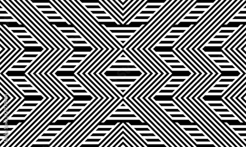 Seamless pattern with striped black white straight lines and diagonal inclined lines (zigzag, chevron). Optical illusion effect, op art. Background for cloth, fabric, textile, tartan.