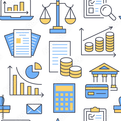 Financial accounting seamless pattern flat line icons. Bookkeeping background, tax optimization, loan, payroll, real estate crediting. Accountancy, finance colored vector backdrop for legal services.
