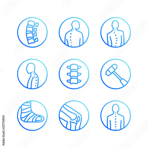 Spine, backbone flat line icons. Orthopedics clinic, medical rehab, back trauma, broken bone, posture correction scoliosis. Health care hospital circle signs, vector logo.