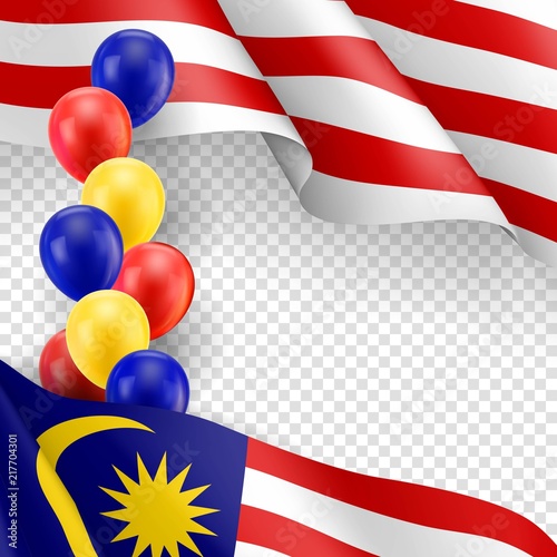 Malaysian patriotic template with copy space. Realistic waving malaysian flag and colorful helium balloons on transparent background. Independence and freedom, democracy and patriotism vector banner