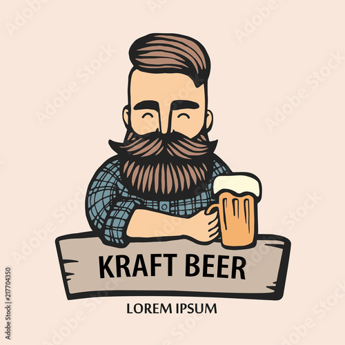 Hand-drawn hipster dude with mustache, beard with beer. Man with glass of alcohol. Vector logo. Stickers, logo, Emblem