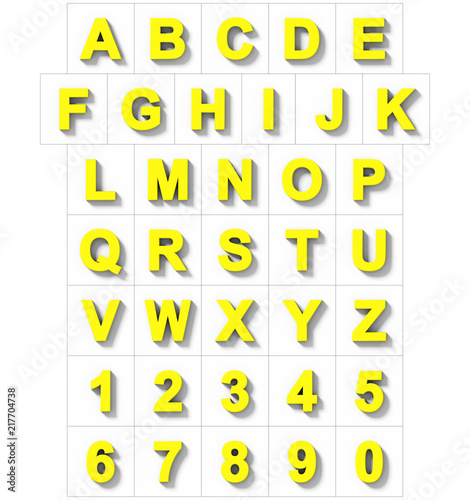 letters and numbers 3D yellow isolated on white with shadow - orthogonal projection