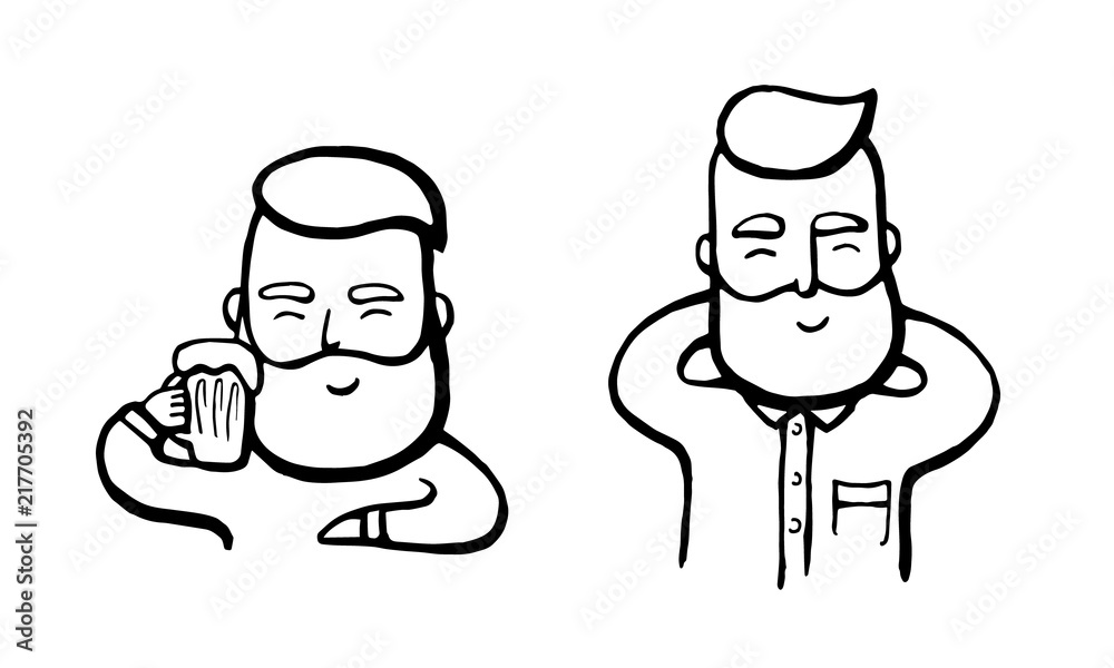 Hand-drawn hipster dude with mustache and beard relaxing. Happy smiling Men with beer. Vector illustration. Stickers, logo, Emblem