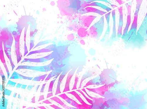 Abstract background with watercolor splashes and palm leaves