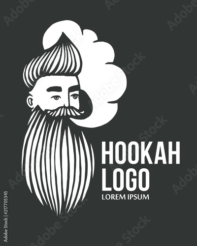 Hookah and-drawn hipster logo with mustache and beard. Man with cloud. Vector hookah logo. Stickers, logo, Emblem