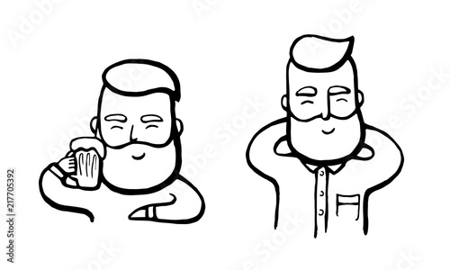 Hand-drawn hipster dude with mustache and beard relaxing. Happy smiling Men with beer. Vector illustration. Stickers, logo, Emblem