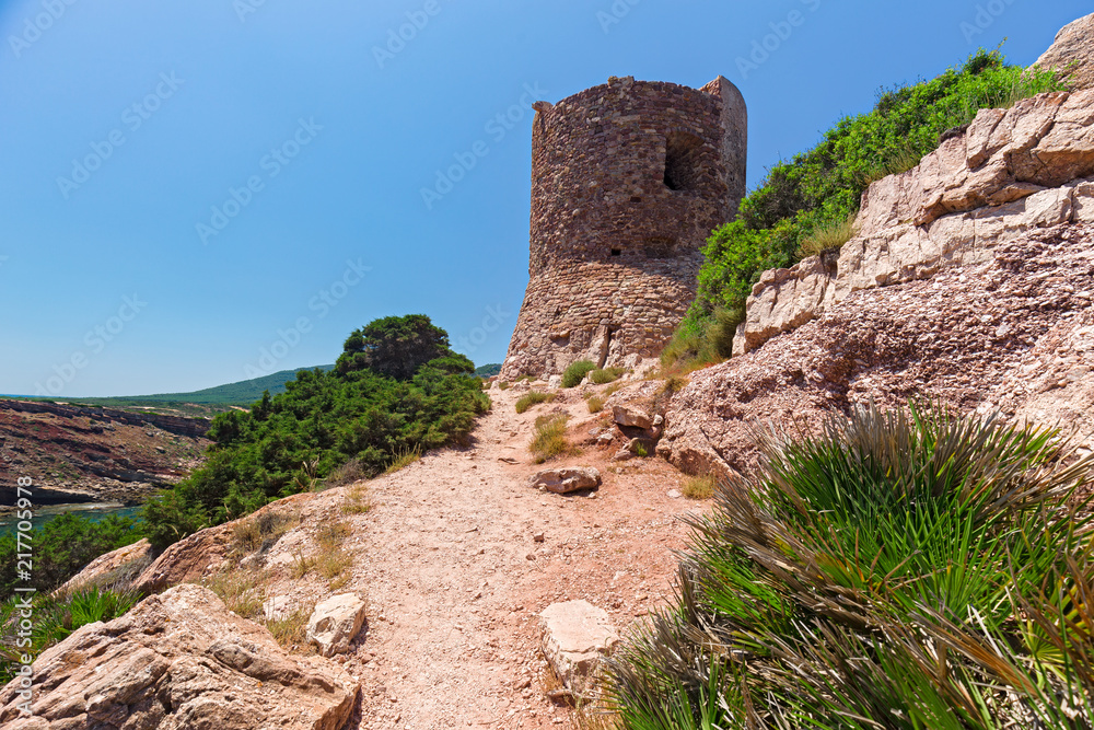 Medieval watchtower on the coast of Sardinia, in Italy.
