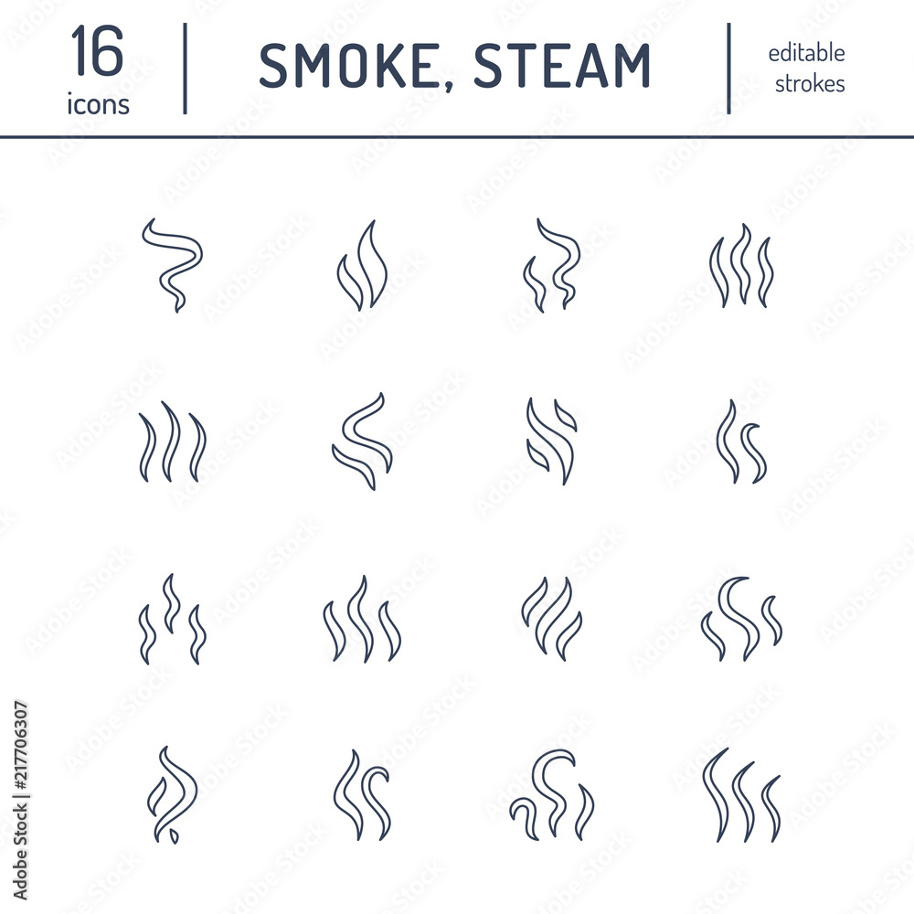 Smoke, steam flat line icons. Fumes shapes, aroma smell heat ...