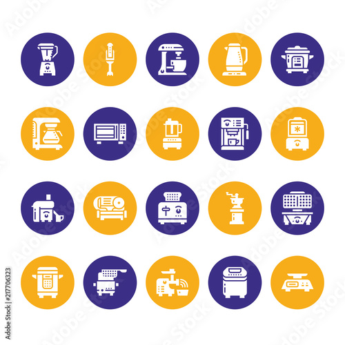 Kitchen small appliances flat glyph vector icons. Household cooking tools signs. Food preparation equipment silhouette - blender, coffee machine, microwave, toaster, grinder.