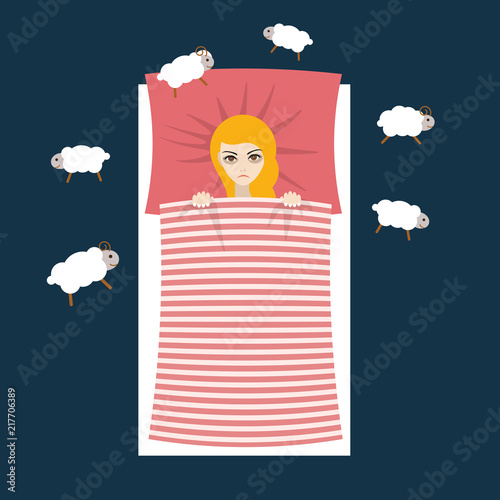 Woman with sleep problems and insomnia symptoms versus good sleep man.Flat  illustration.