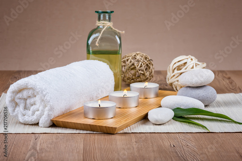 Spa concept / Spa decoration with candles, towels and stones