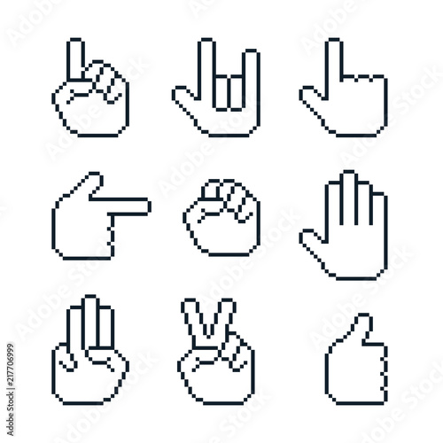 Pixel art vector white hands gestures cursors set.