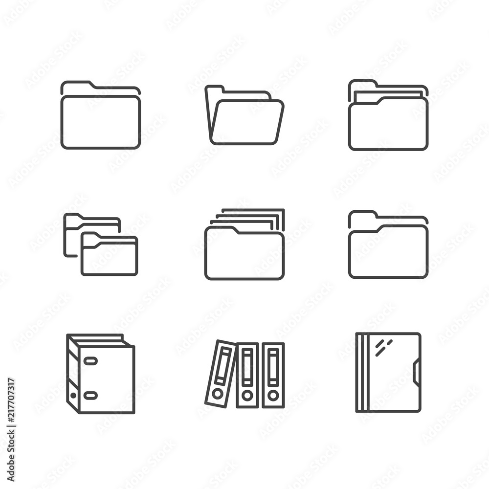 Folder flat line icons. Document file vector illustrations - business paper organizing, computer directory outline signs. Folder flat line icons. Document file vector illustrations - business paper organizing, computer directory outline signs.