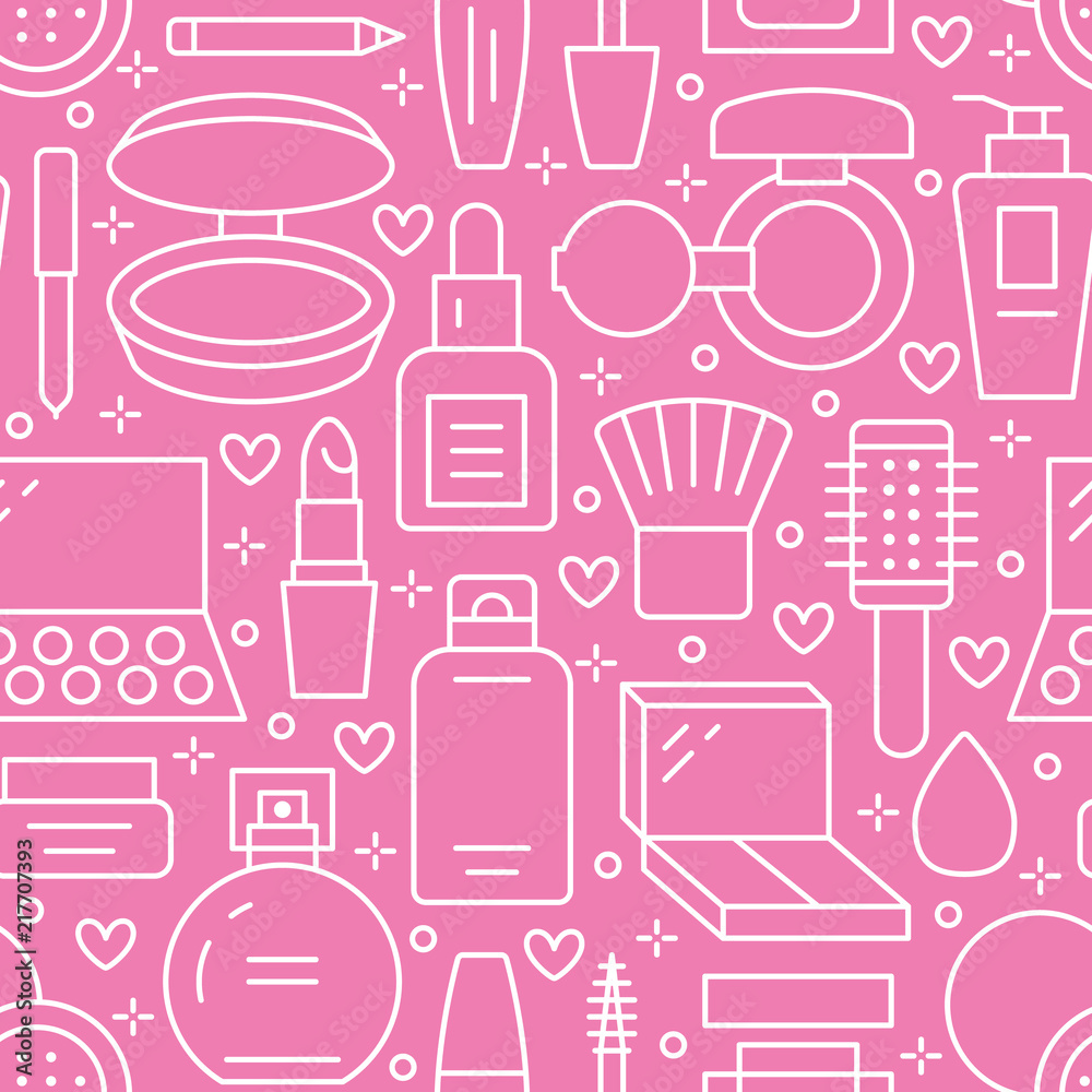 Makeup beauty care red white seamless pattern with flat line icons. Cosmetics illustrations of lipstick, mascara, eyeshadows, foundation nail polish. Cute pink repeated wallpaper signs make up store. Makeup beauty care red white seamless pattern with flat line icons. Cosmetics illustrations of lipstick, mascara, eyeshadows, foundation nail polish. Cute pink repeated wallpaper signs make up store.