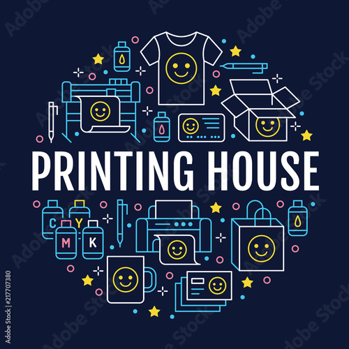 Printing house circle poster with flat line icons. Print shop equipment - printer, scanner, offset machine, plotter, brochure, cmyk, rubber stamp. Polygraphy office signs, typography.