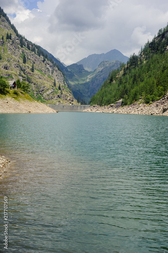 alpine high mountain lake  coniferous woods are reflected in the water  Antrona valley Campliccioli lake  Italy Piedmont