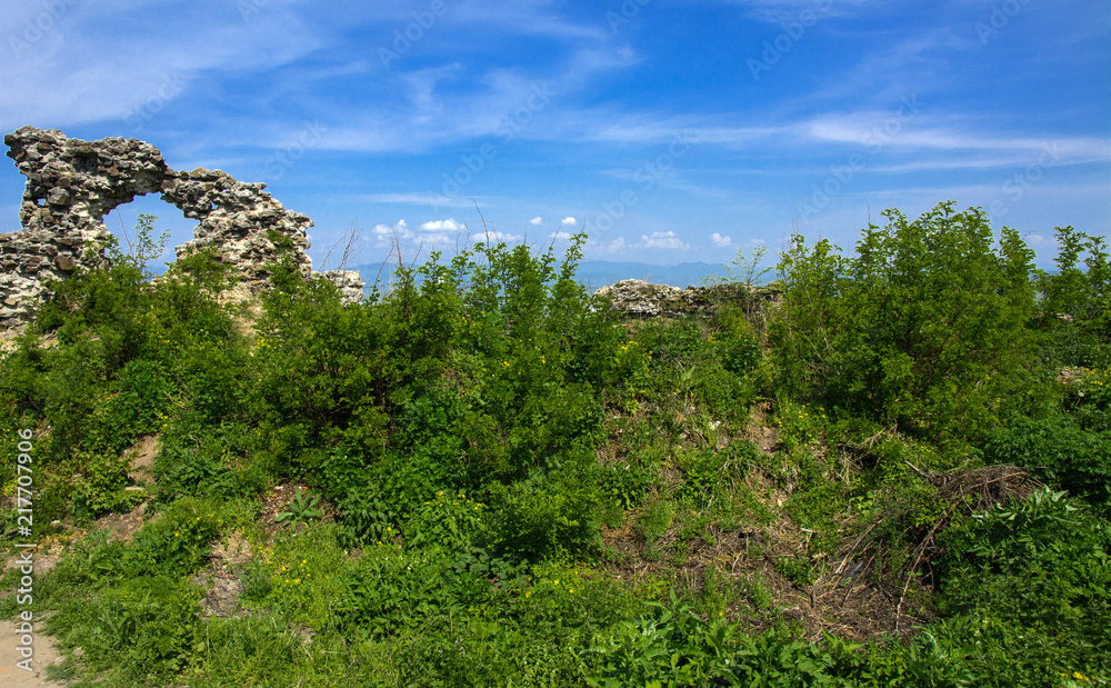 Ancient ruins of the castle of the town of Khust (Dracula Castle). a huge and powerful castle that performed a defensive function and played an important role in many battles. Western Ukraine, Europe