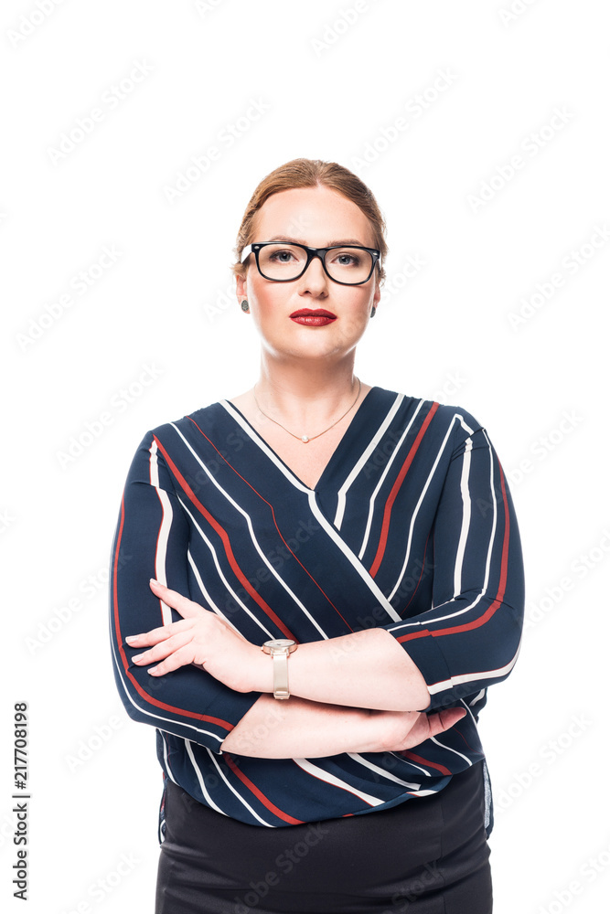 beautiful businesswoman in eyeglasses looking at camera isolated on white background beautiful businesswoman in eyeglasses looking at camera isolated on white background