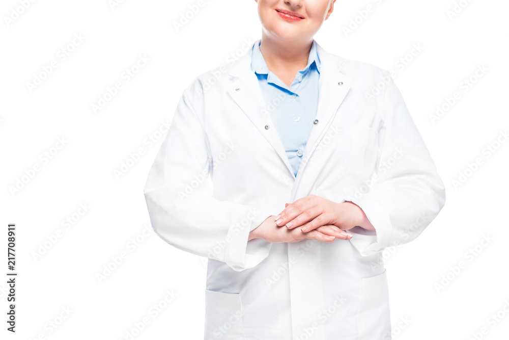 cropped image of female doctor in white coat isolated on white background cropped image of female doctor in white coat isolated on white background