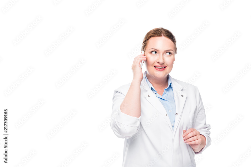 smiling female doctor talking on smartphone isolated on white background smiling female doctor talking on smartphone isolated on white background