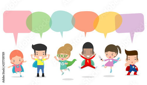 Cute superhero kids with speech bubbles, Set of superhero child with speech bubbles isolated on white background,Vector Illustration