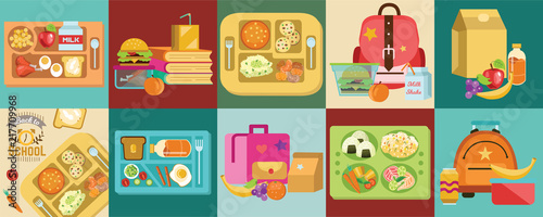 School lunch set different food boxes and kids bags
