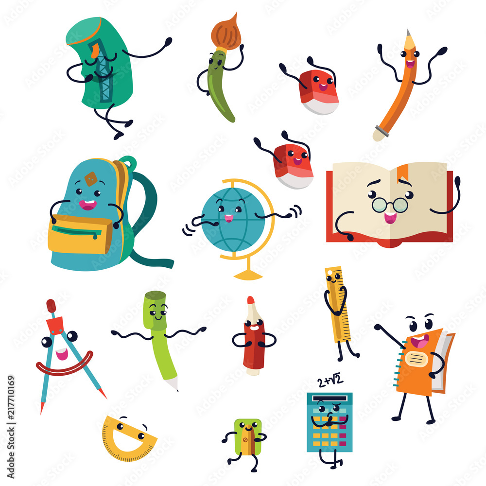 Obraz premium School supplies characters set of icons Education equipments