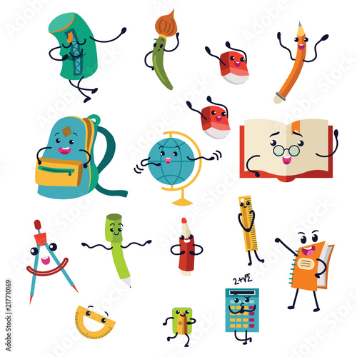 School supplies characters set of icons Education equipments