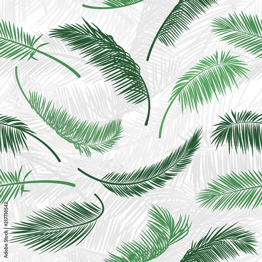 Tropical green palm tree leaves in seamless pattern. Vector pattern for print design, wallpaper, site backgrounds, postcard, textile, fabric. Vector illustration. Vintage seamless palm leaf pattern.