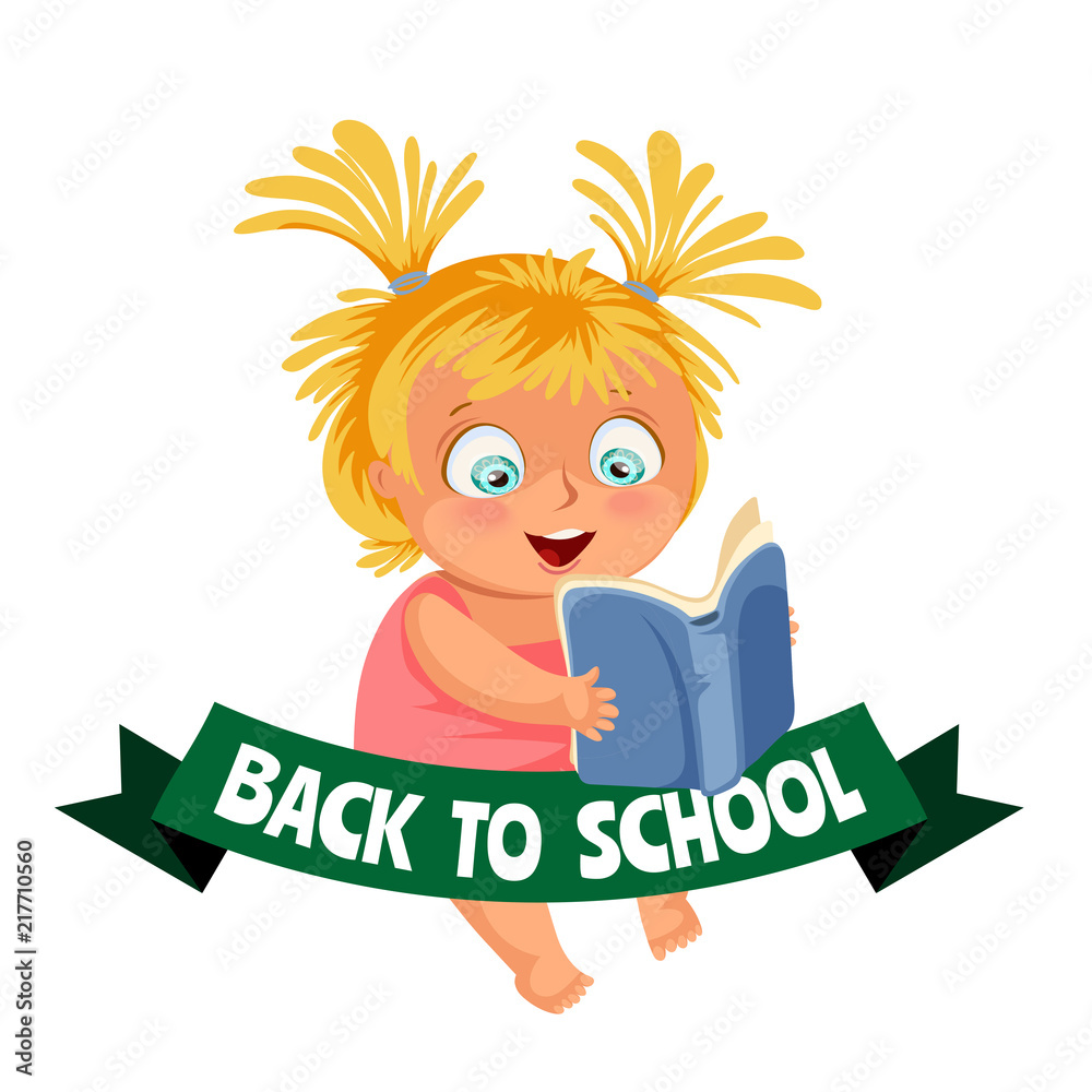 Back to school flat poster, girl sitting and reading interesting book Back to school flat poster, girl sitting and reading interesting book