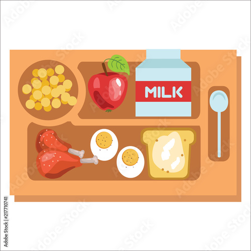 School lunch tray, Children dinner consist of chicken drumsticks eggs milk and apple vector illustration.